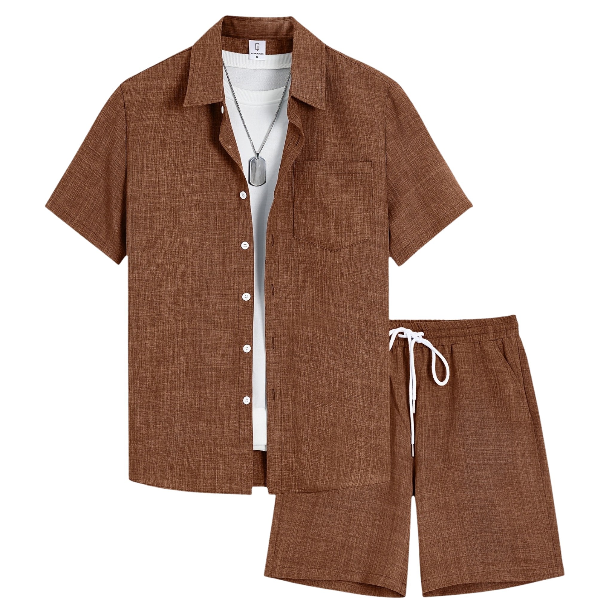 Men’s Solid Two Piece Set – Short Sleeve Shirt and Shorts