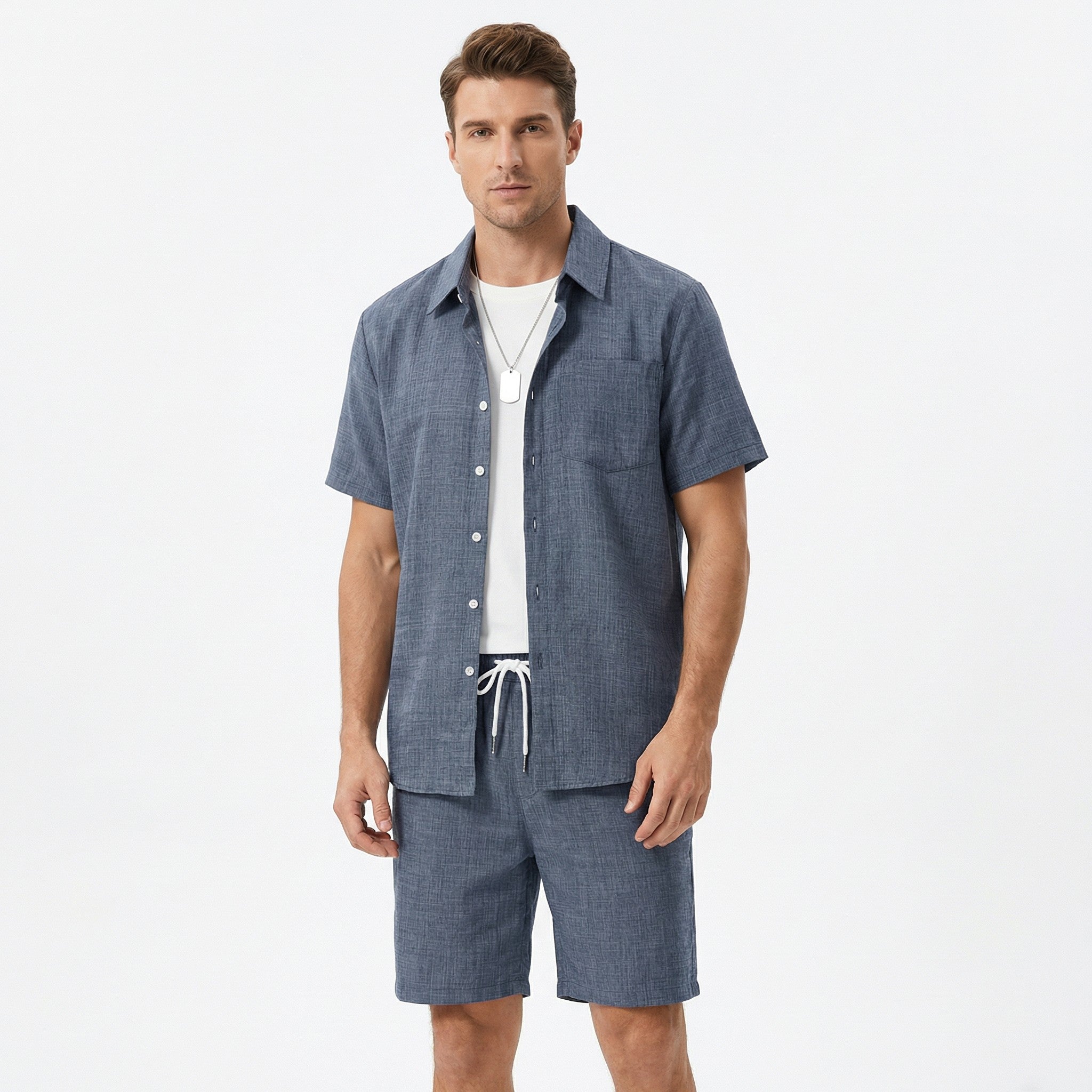 Men’s Solid Two Piece Set – Short Sleeve Shirt and Shorts