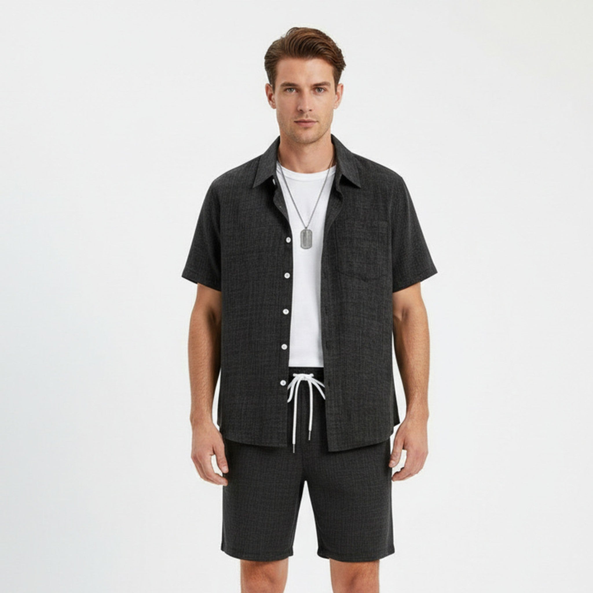 Men’s Solid Two Piece Set – Short Sleeve Shirt and Shorts