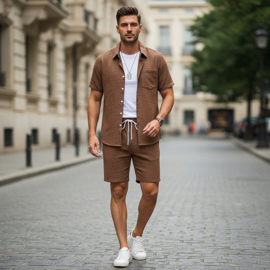 Men’s Solid Two Piece Set – Short Sleeve Shirt and Shorts