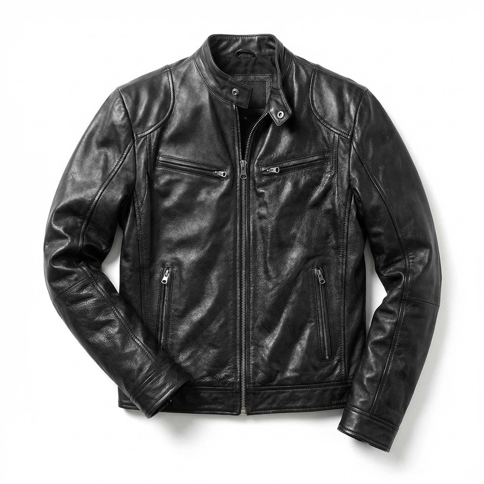 Men’s Faux Leather Zip-Up Jacket – Multi-Pocket Slim Fit Design