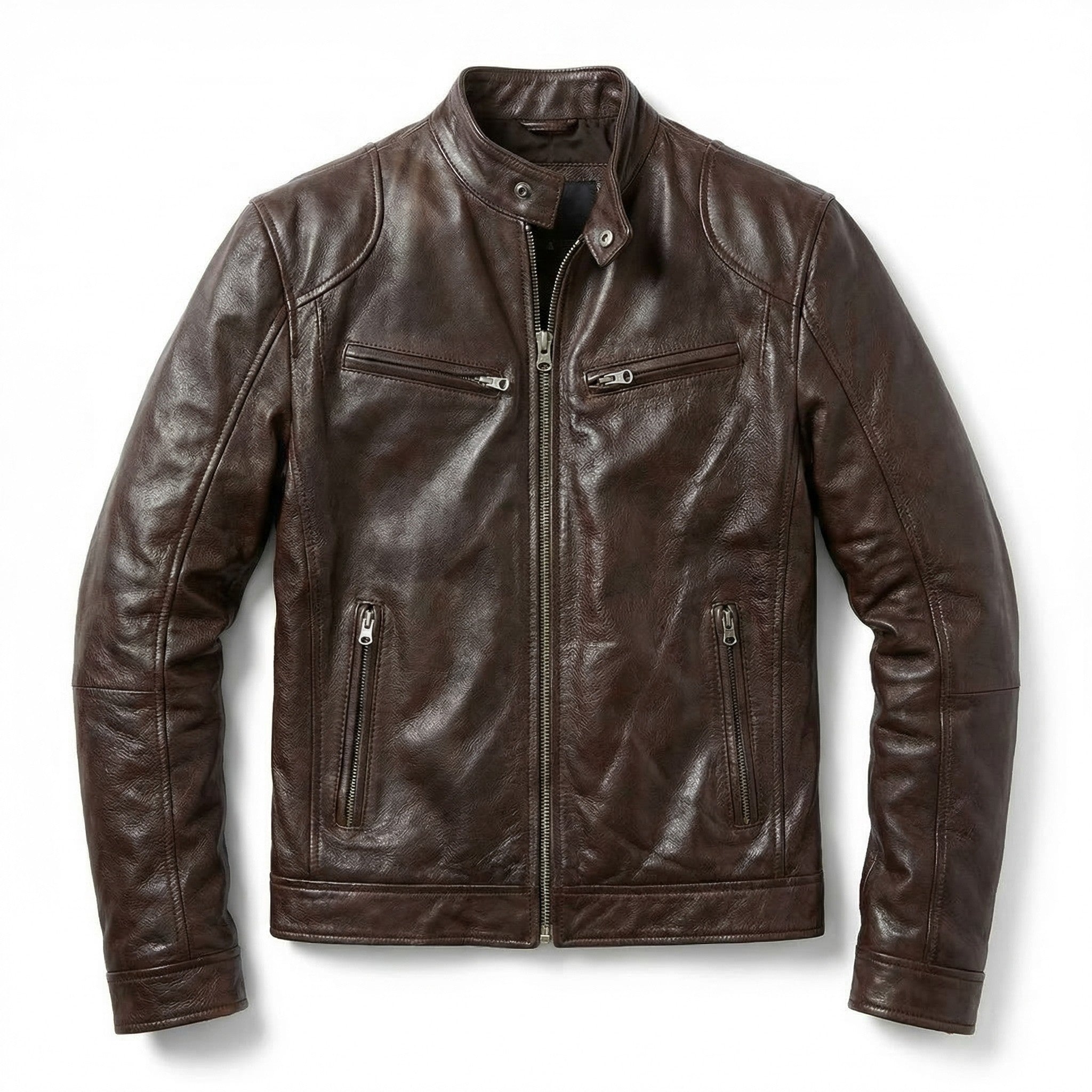 Men’s Faux Leather Zip-Up Jacket – Multi-Pocket Slim Fit Design