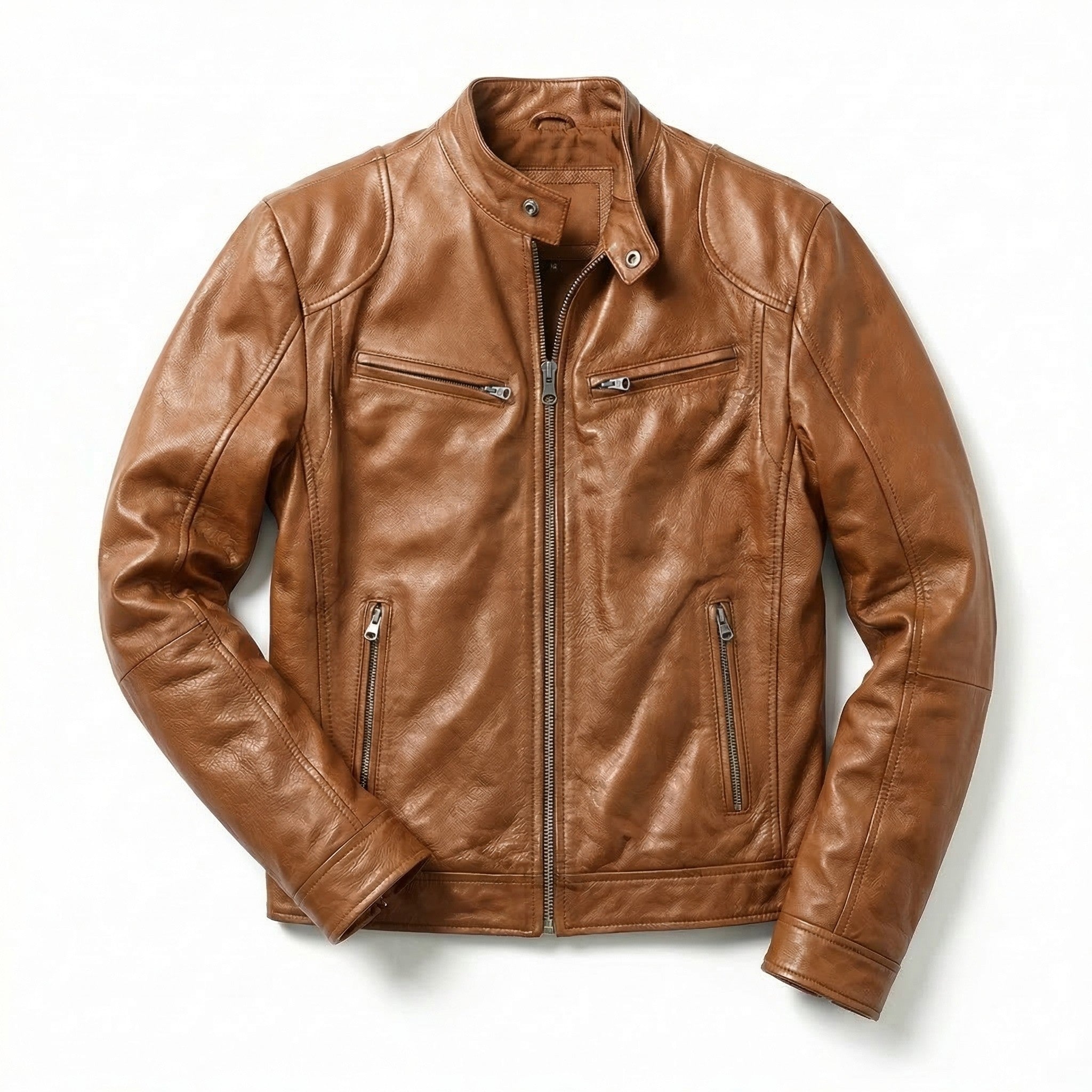 Men’s Faux Leather Zip-Up Jacket – Multi-Pocket Slim Fit Design
