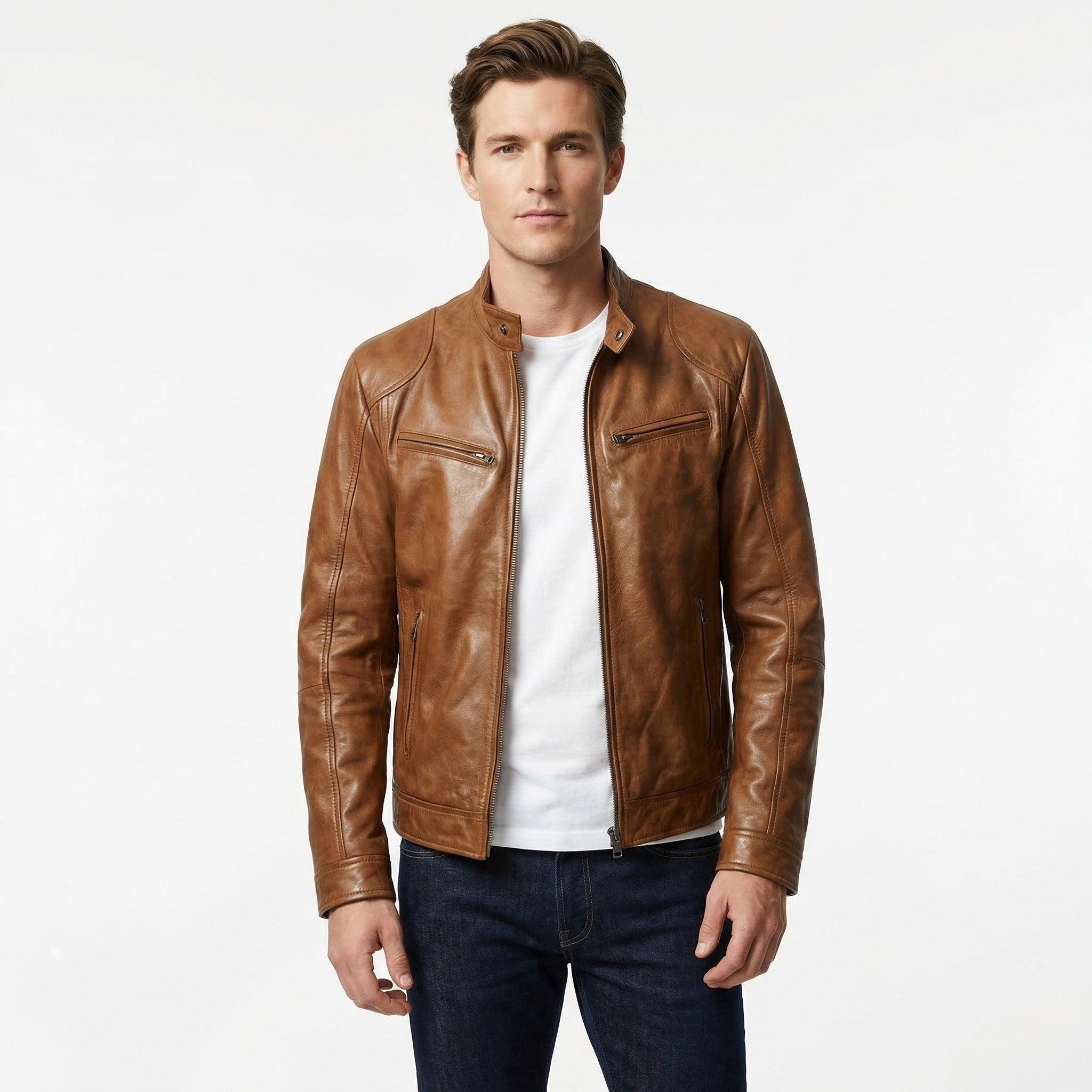 Men’s Faux Leather Zip-Up Jacket – Multi-Pocket Slim Fit Design