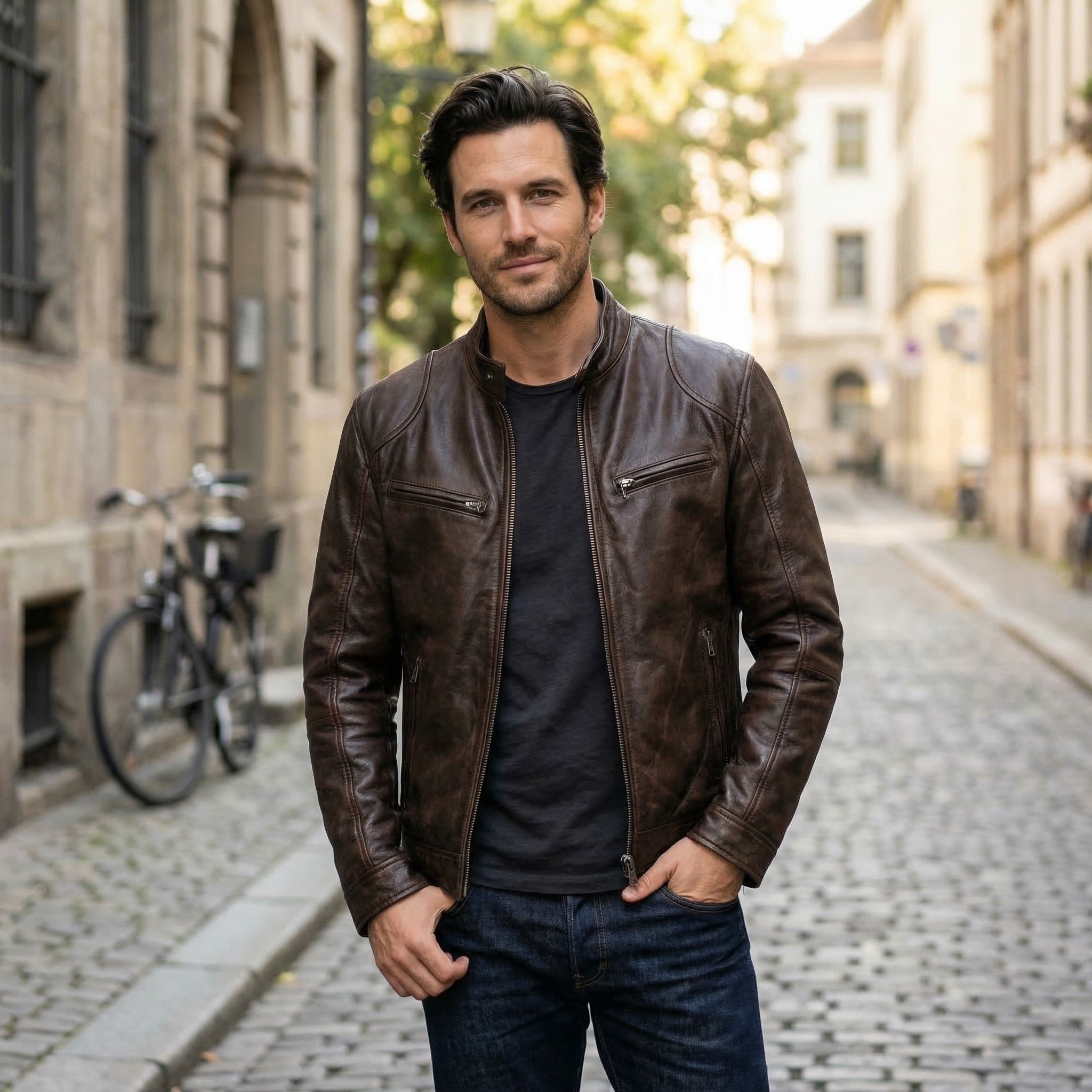 Men’s Faux Leather Zip-Up Jacket – Multi-Pocket Slim Fit Design