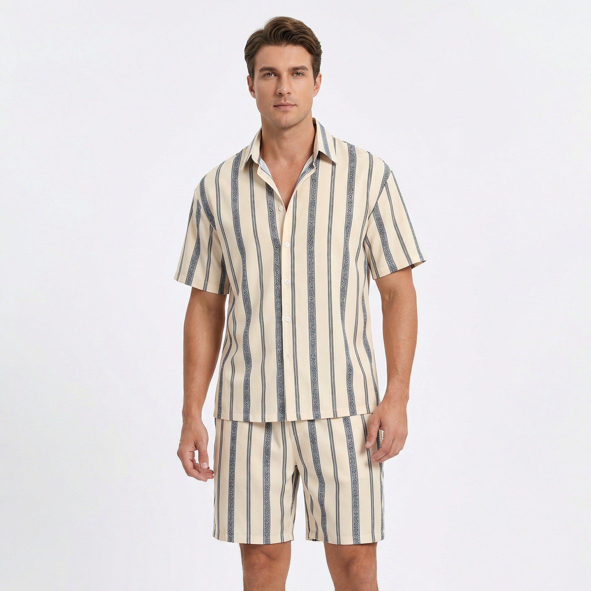 Men’s Striped Two Piece Set – Short Sleeve Shirt and Shorts
