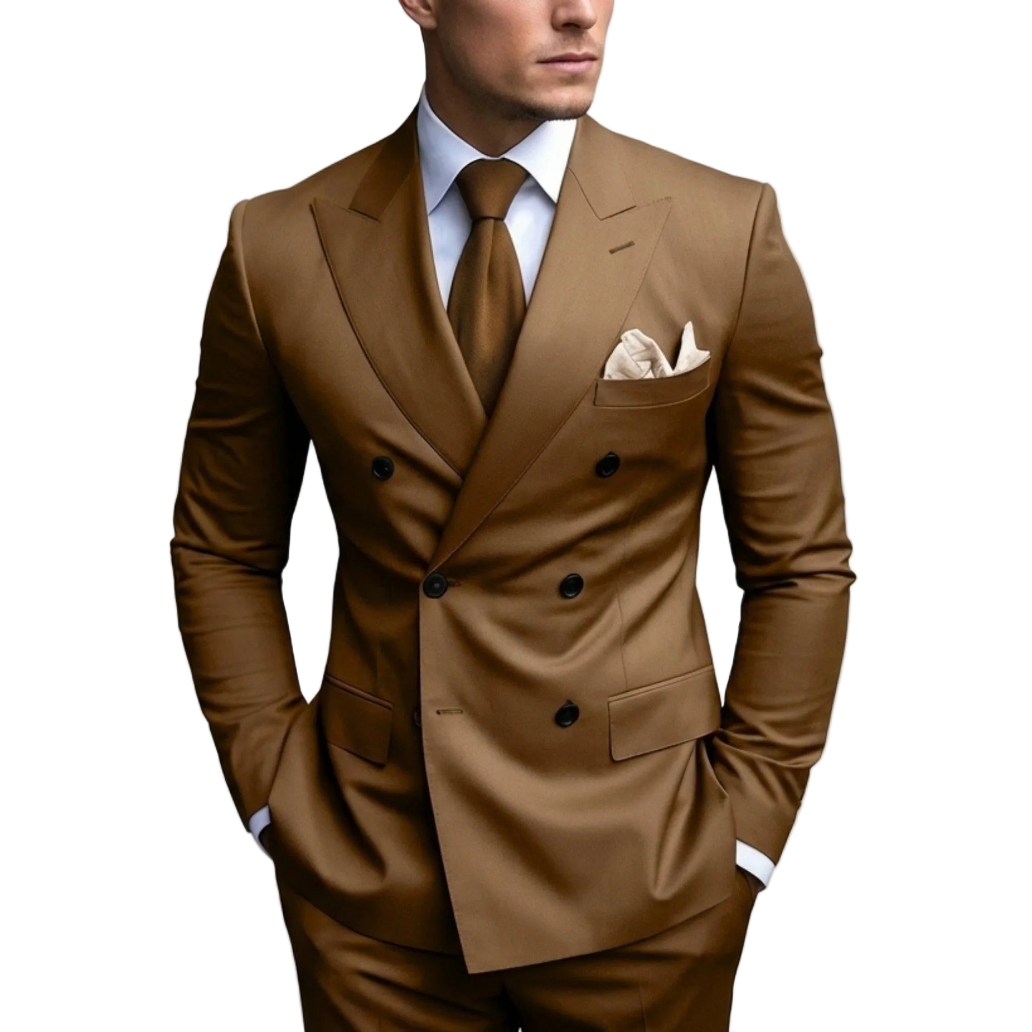 Men’s Tailored Fit 2-Piece Solid Colour Suit – Double Breasted Six Buttons Wedding
