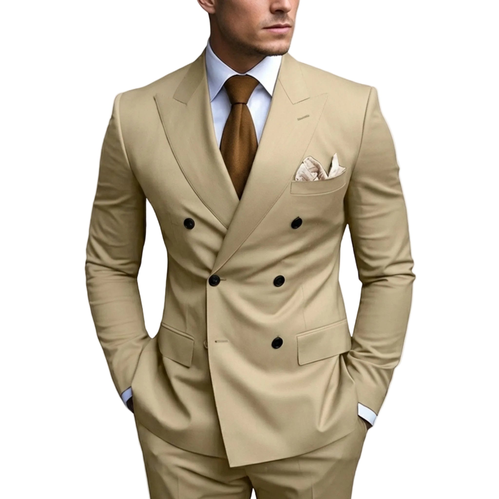 Men’s Tailored Fit 2-Piece Solid Colour Suit – Double Breasted Six Buttons Wedding