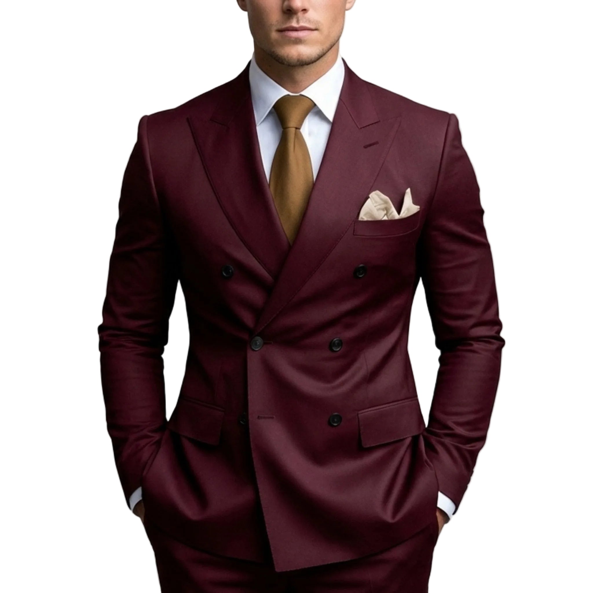Men’s Tailored Fit 2-Piece Solid Colour Suit – Double Breasted Six Buttons Wedding