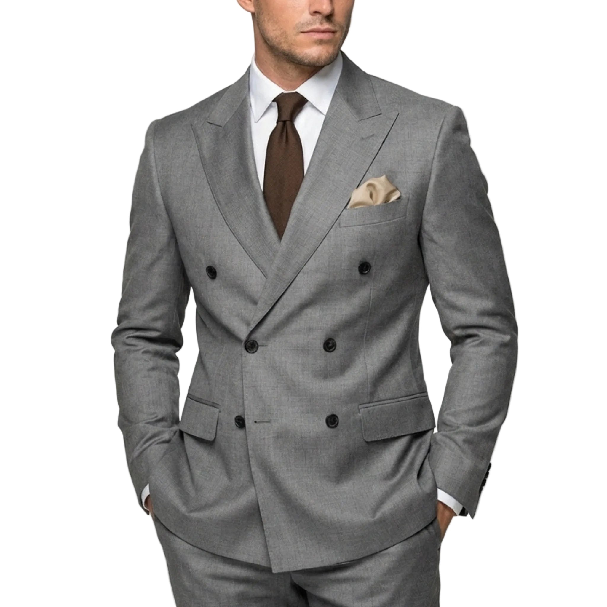 Men’s Tailored Fit 2-Piece Solid Colour Suit – Double Breasted Six Buttons Wedding