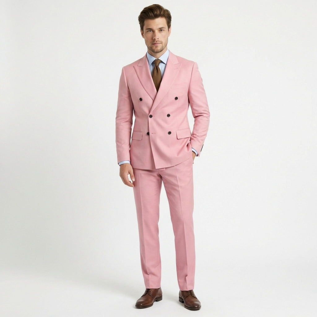 Men’s Tailored Fit 2-Piece Solid Colour Suit – Double Breasted Six Buttons Wedding