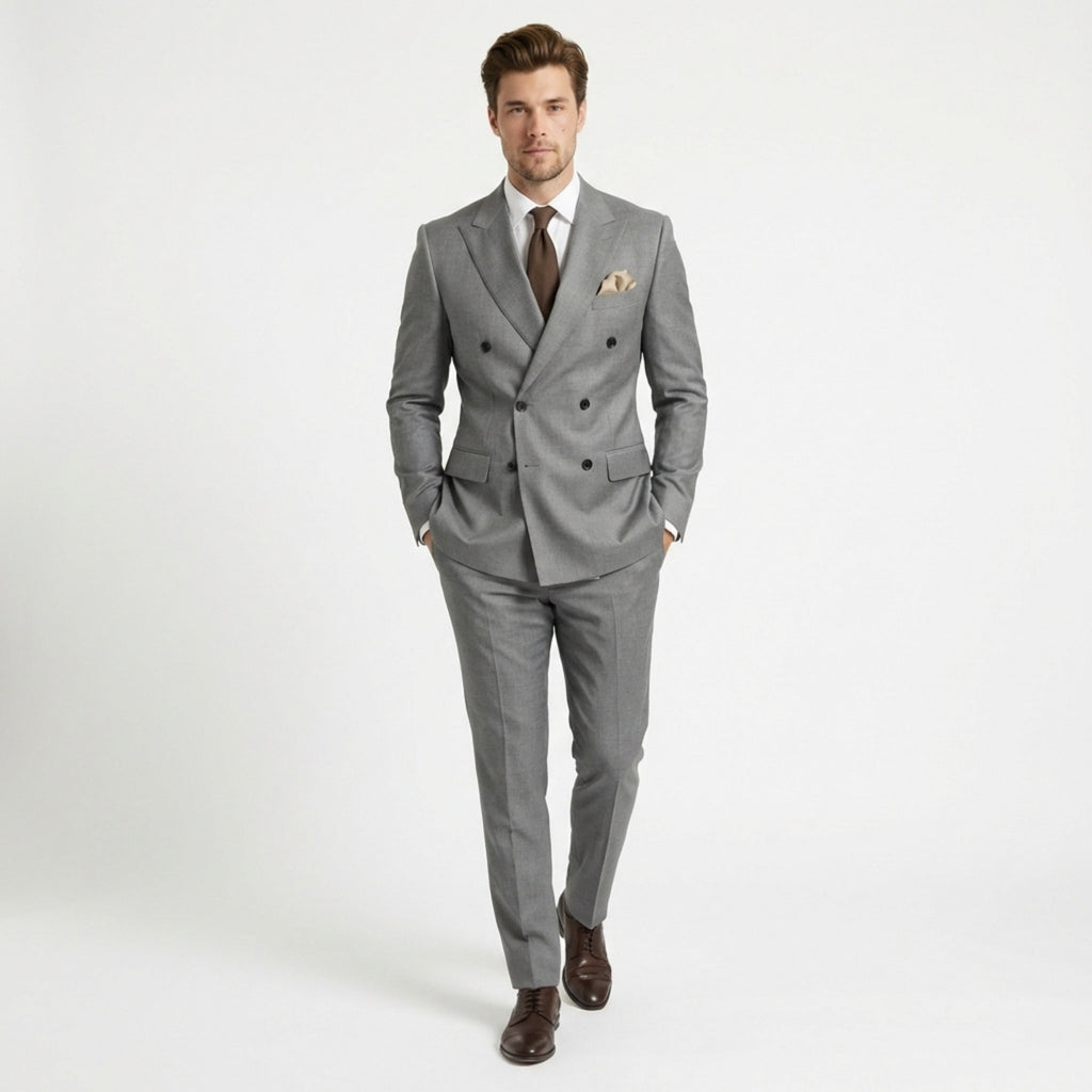 Men’s Tailored Fit 2-Piece Solid Colour Suit – Double Breasted Six Buttons Wedding