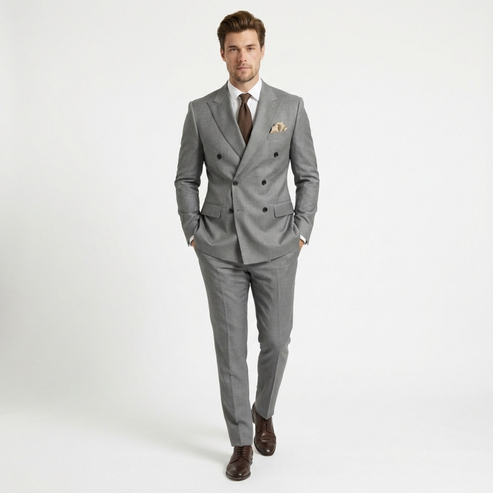 Men’s Tailored Fit 2-Piece Solid Colour Suit – Double Breasted Six Buttons Wedding