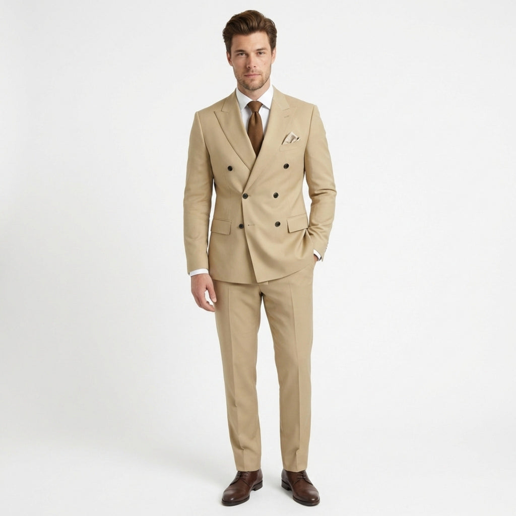 Men’s Tailored Fit 2-Piece Solid Colour Suit – Double Breasted Six Buttons Wedding