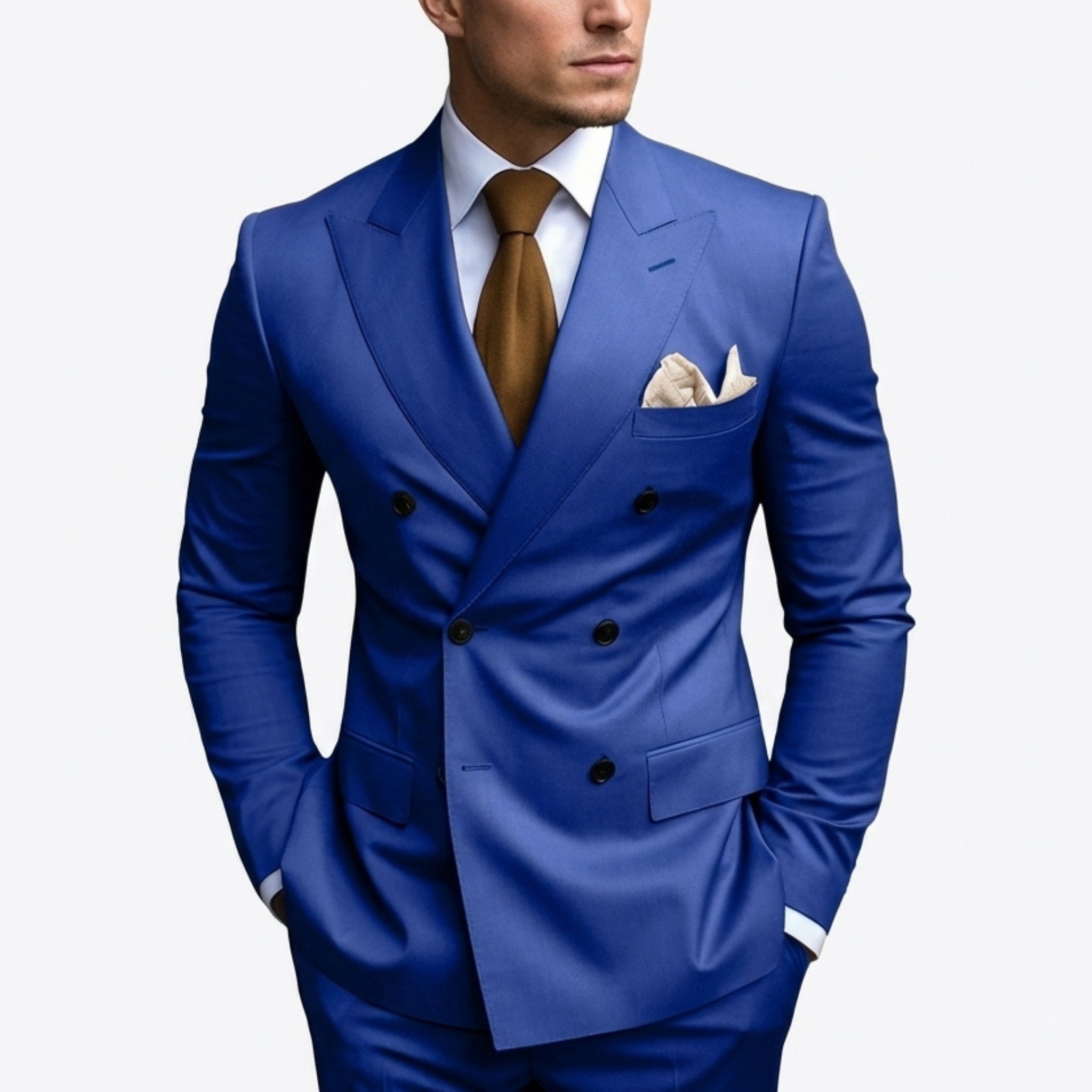 Men’s Tailored Fit 2-Piece Solid Colour Suit – Double Breasted Six Buttons Wedding