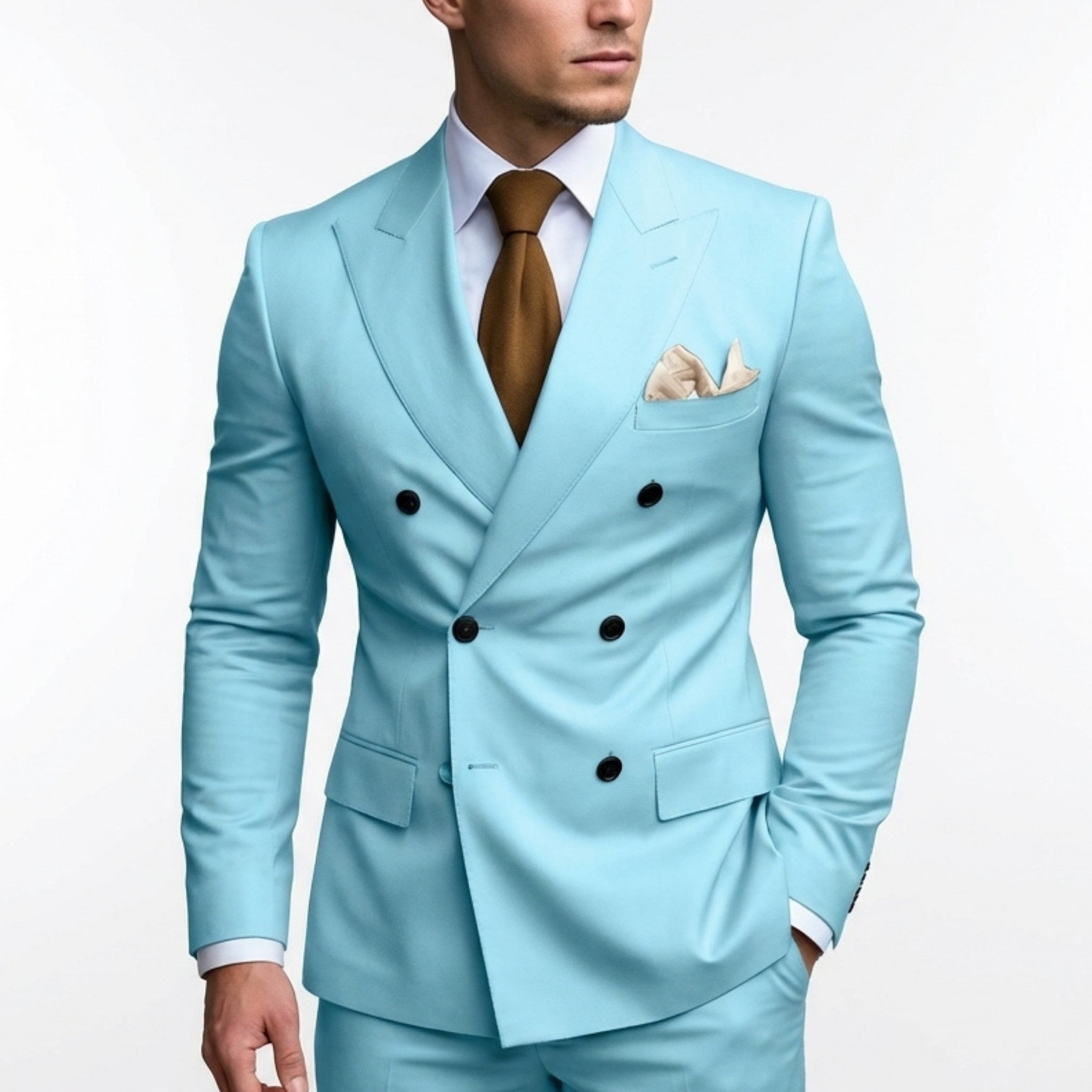 Men’s Tailored Fit 2-Piece Solid Colour Suit – Double Breasted Six Buttons Wedding
