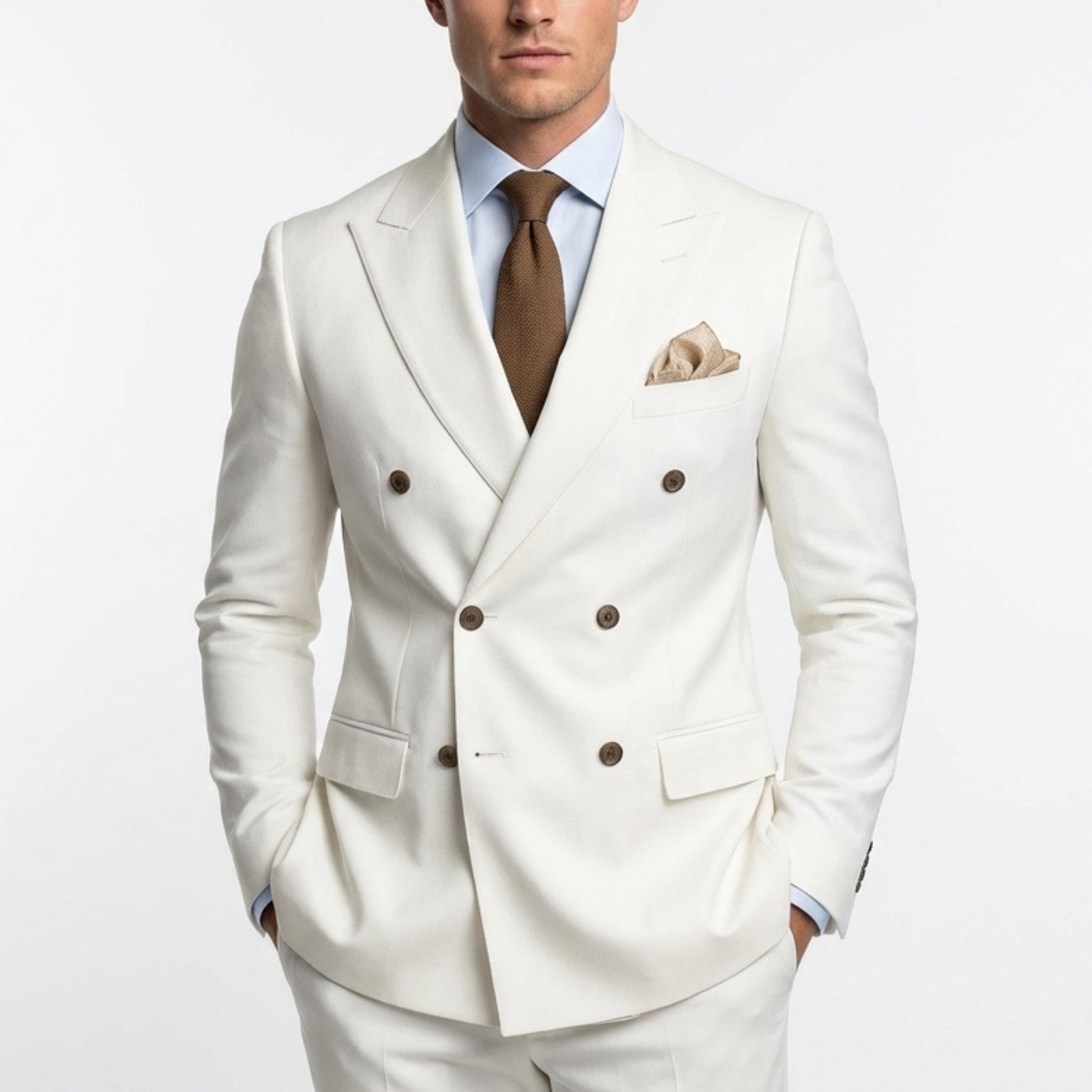 Men’s Tailored Fit 2-Piece Solid Colour Suit – Double Breasted Six Buttons Wedding