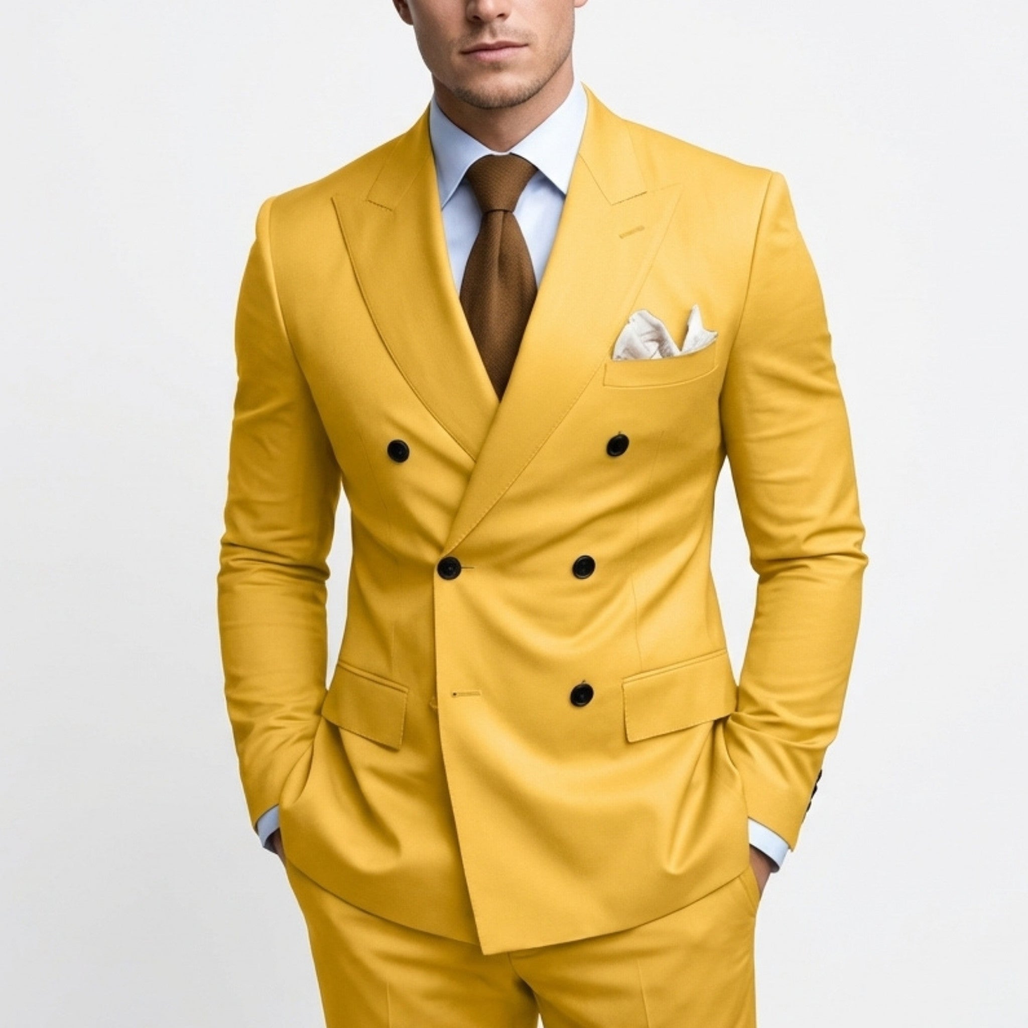 Men’s Tailored Fit 2-Piece Solid Colour Suit – Double Breasted Six Buttons Wedding