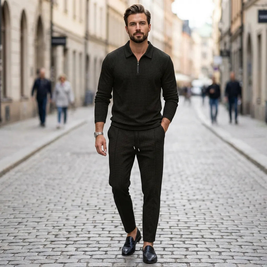 Men’s Waffle Texture Zip Collar Top and Jogger Trousers Set