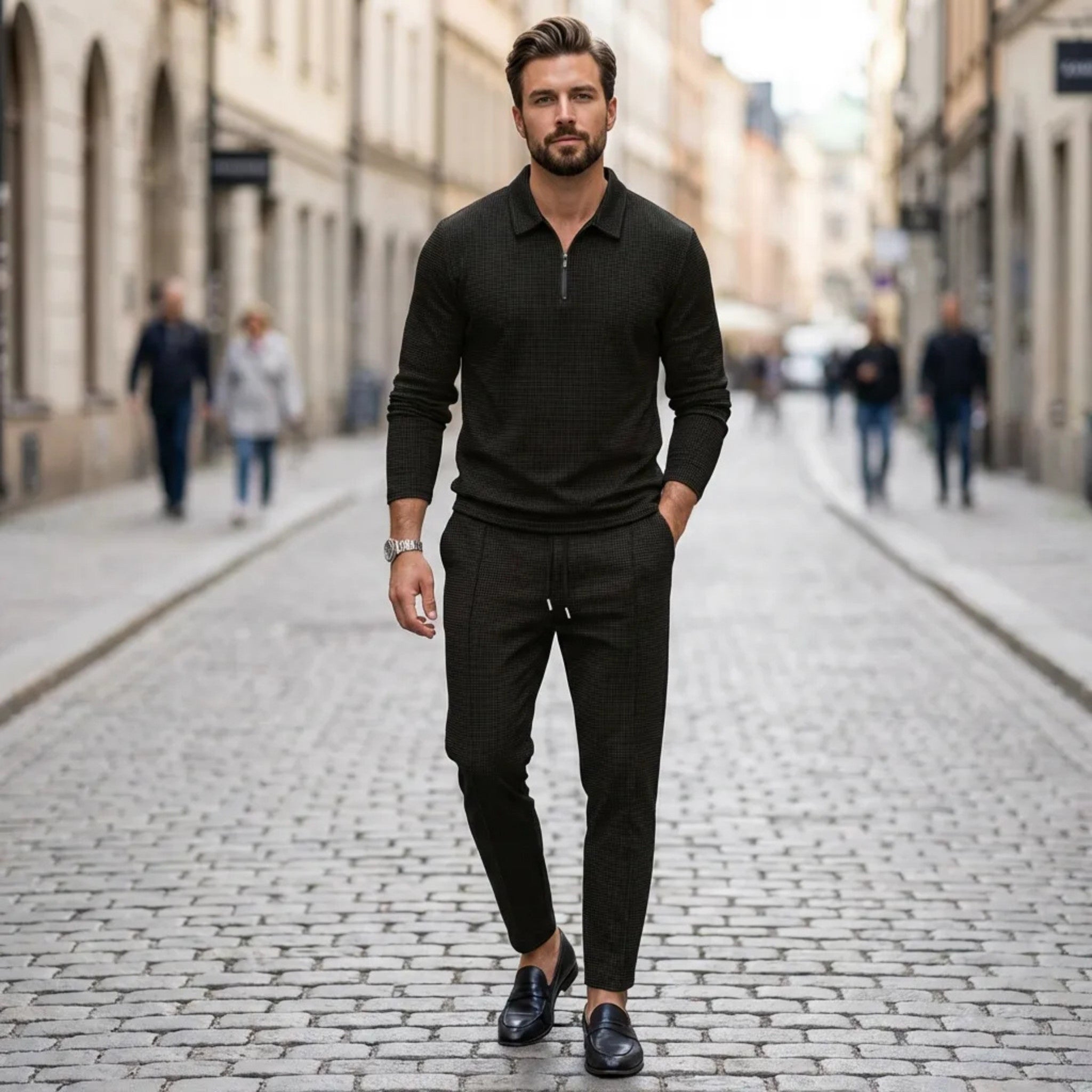 Men’s Waffle Texture Zip Collar Top and Jogger Trousers Set