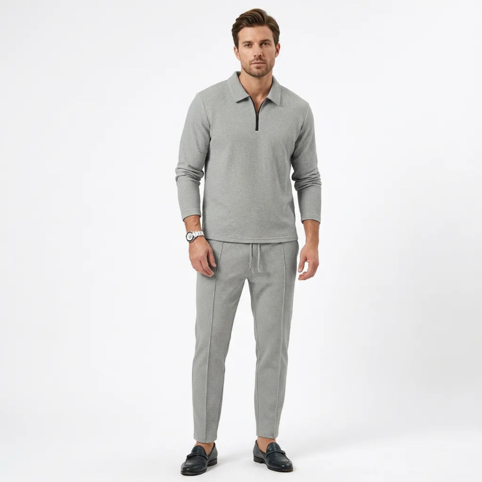 Men’s Waffle Texture Zip Collar Top and Jogger Trousers Set