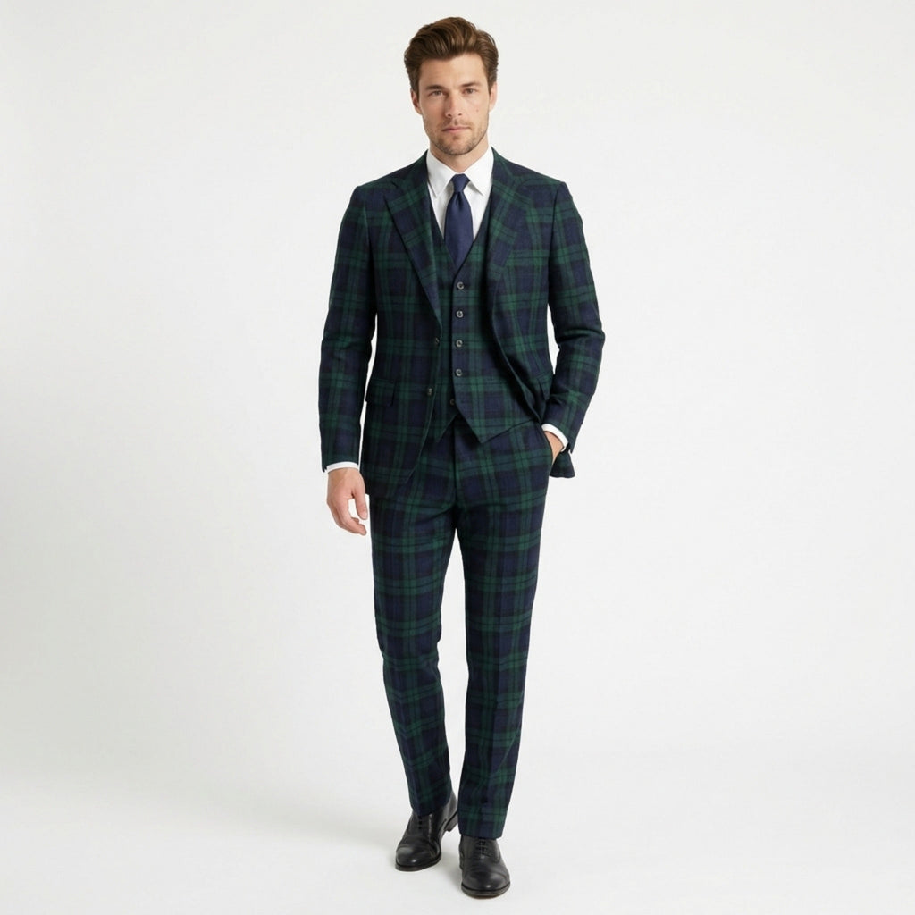 Men’s Tailored Fit 3-Piece Plaid Suit – Single Breasted Two Buttons Wedding