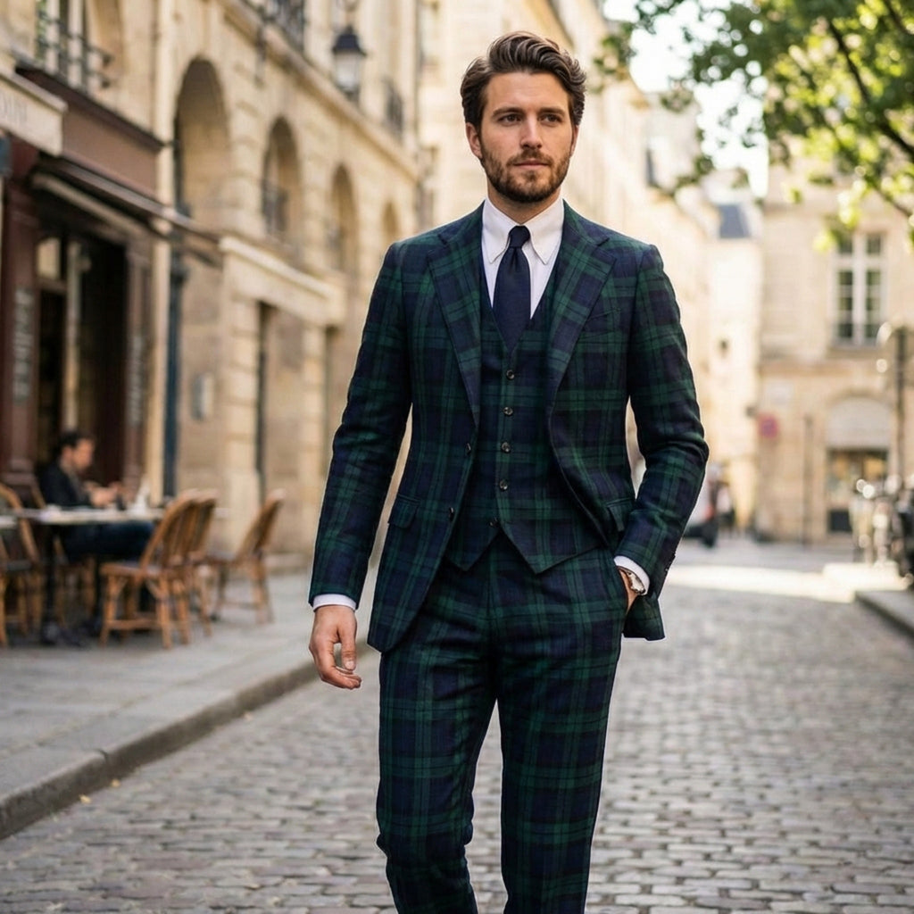Men’s Tailored Fit 3-Piece Plaid Suit – Single Breasted Two Buttons Wedding