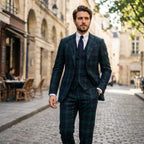 Men’s Tailored Fit 3-Piece Plaid Suit – Single Breasted Two Buttons Wedding