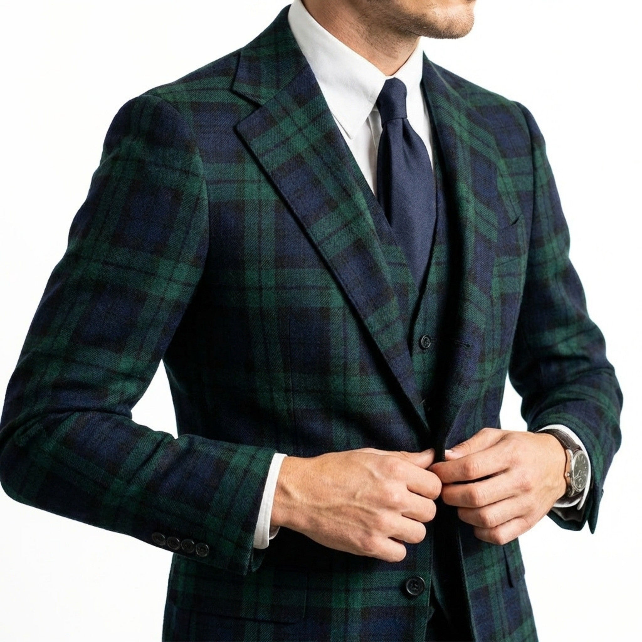 Men’s Tailored Fit 3-Piece Plaid Suit – Single Breasted Two Buttons Wedding