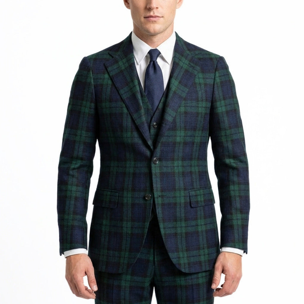 Men’s Tailored Fit 3-Piece Plaid Suit – Single Breasted Two Buttons Wedding