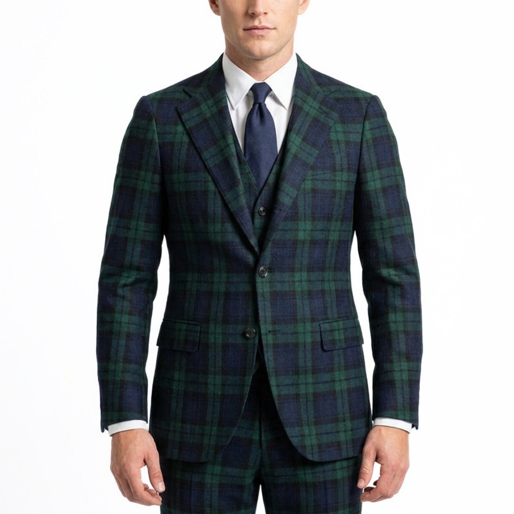 Men’s Tailored Fit 3-Piece Plaid Suit – Single Breasted Two Buttons Wedding