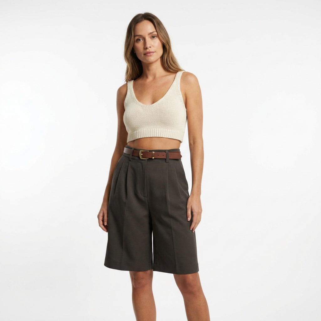 Women’s Belted Wide-Leg Shorts – High Waist Solid Color Design