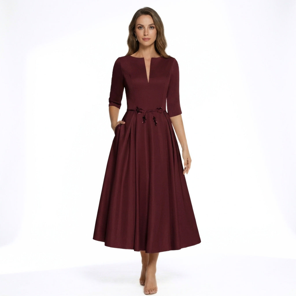 Women’s V Neck Midi Dress – A Line Satin