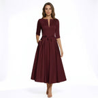 Women’s V Neck Midi Dress – A Line Satin