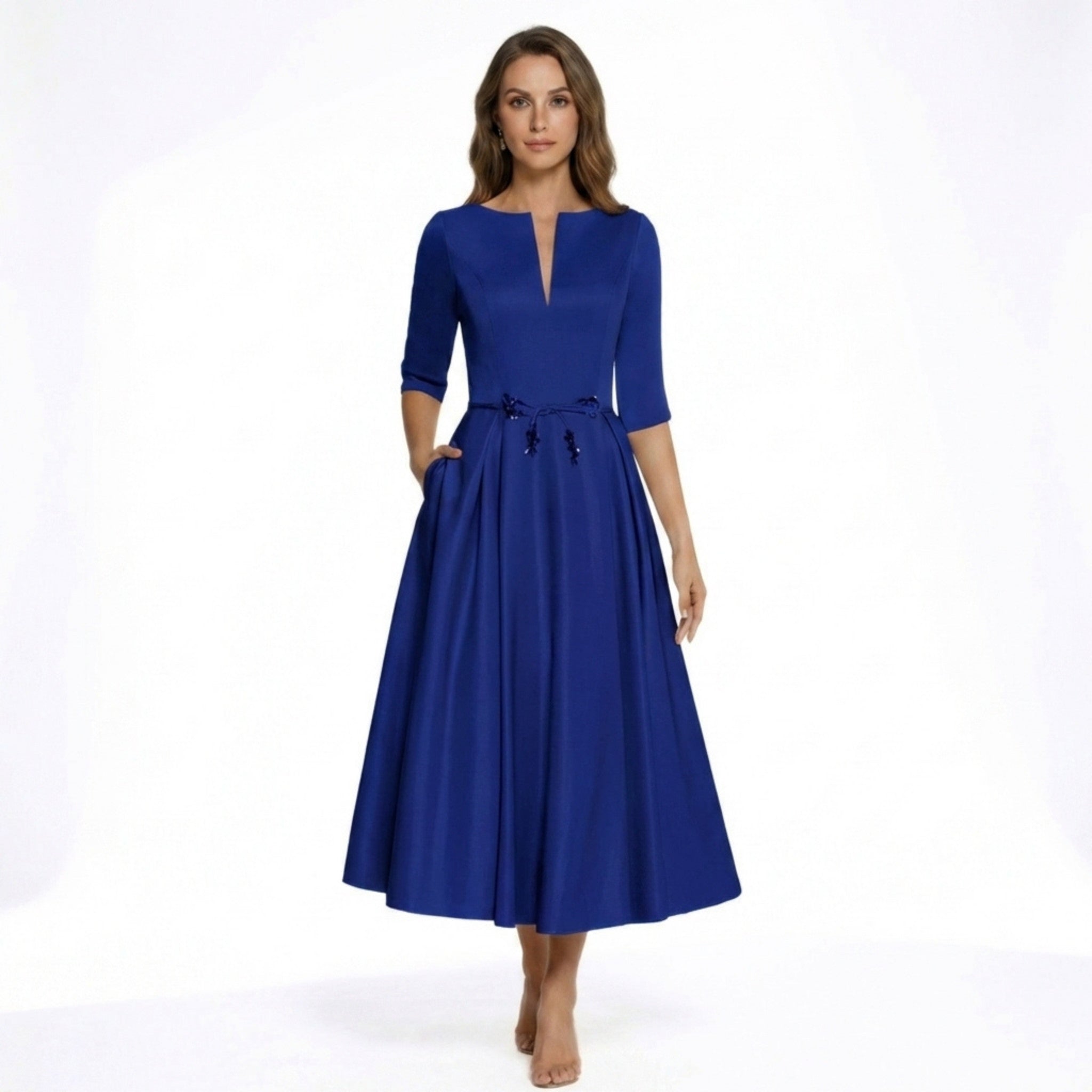 Women’s V Neck Midi Dress – A Line Satin