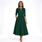 Women’s V Neck Midi Dress – A Line Satin