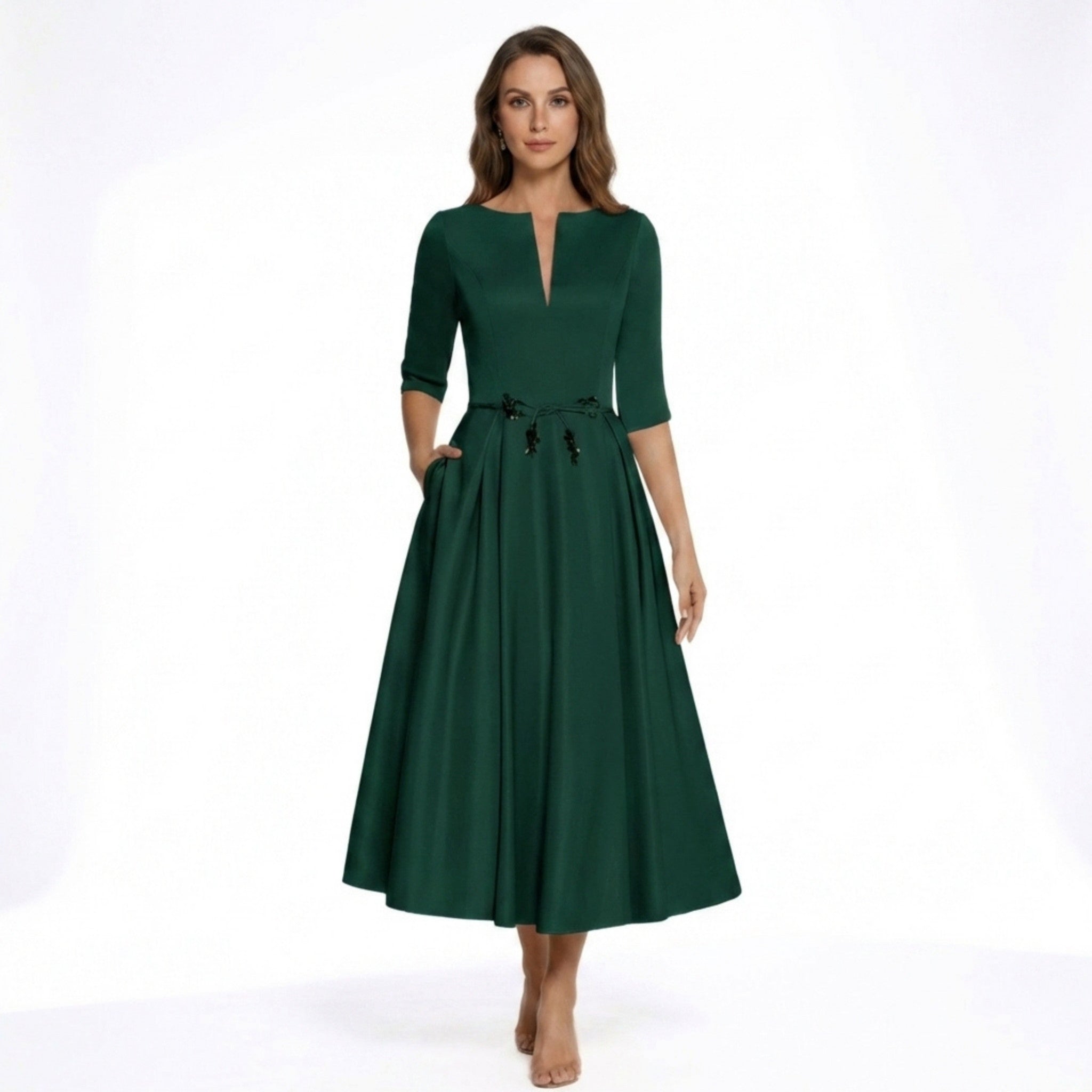 Women’s V Neck Midi Dress – A Line Satin