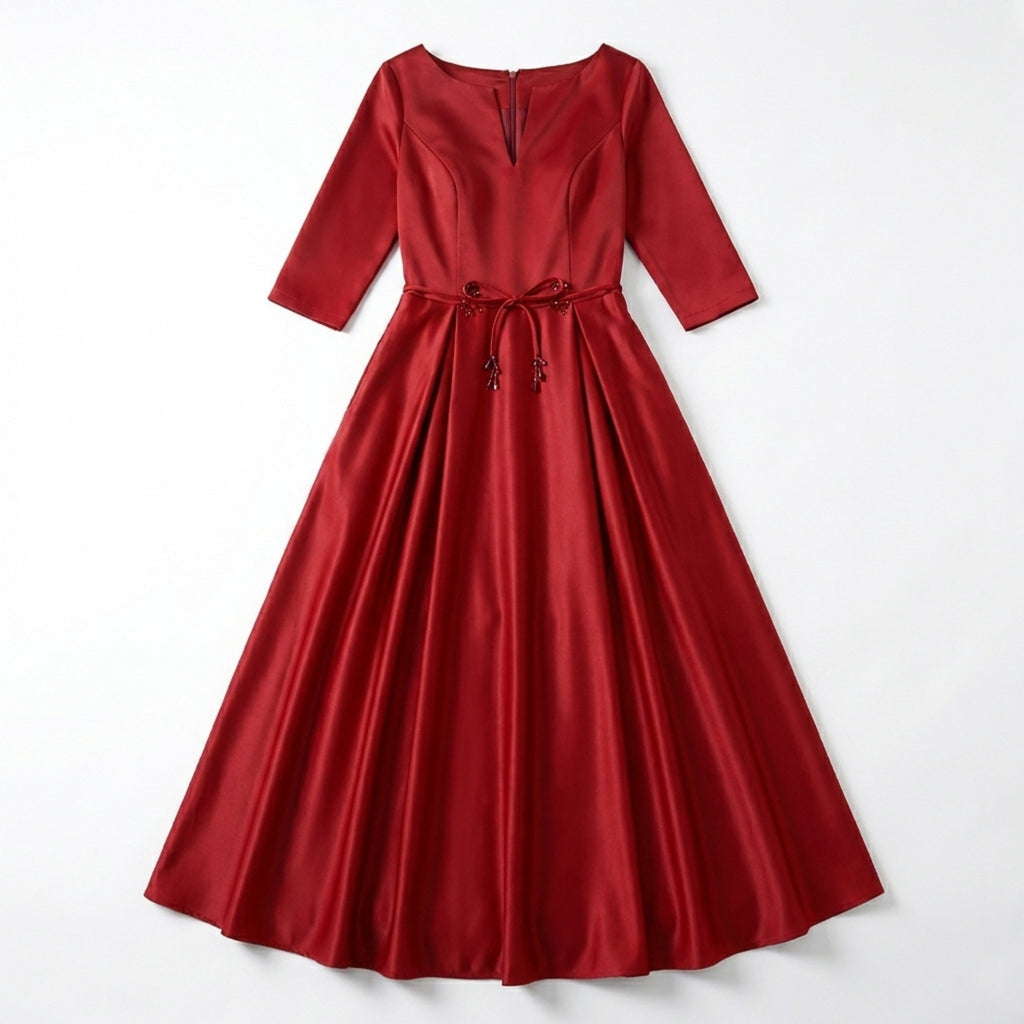 Women’s V Neck Midi Dress – A Line Satin