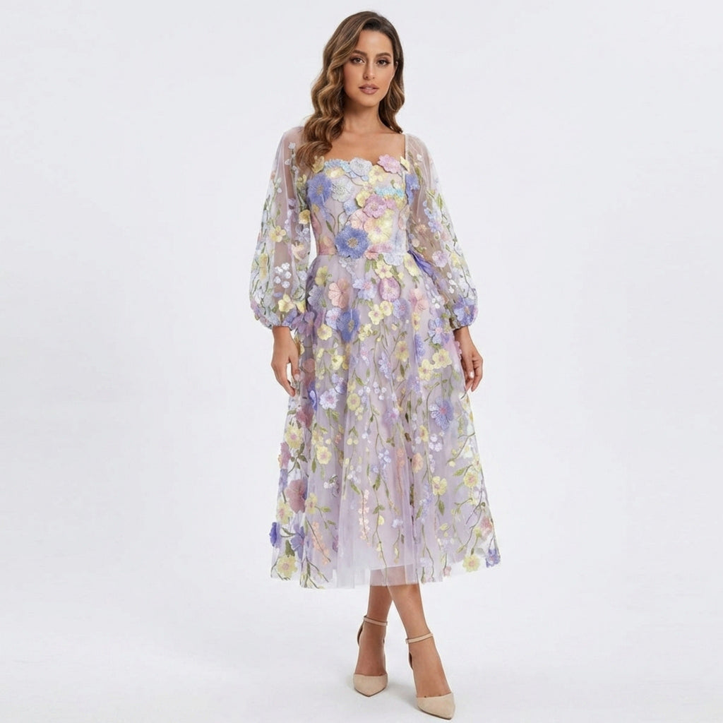 Women’s Square Neck Midi Dress – A Line Appliqué Tulle