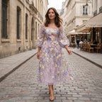 Women’s Square Neck Midi Dress – A Line Appliqué Tulle