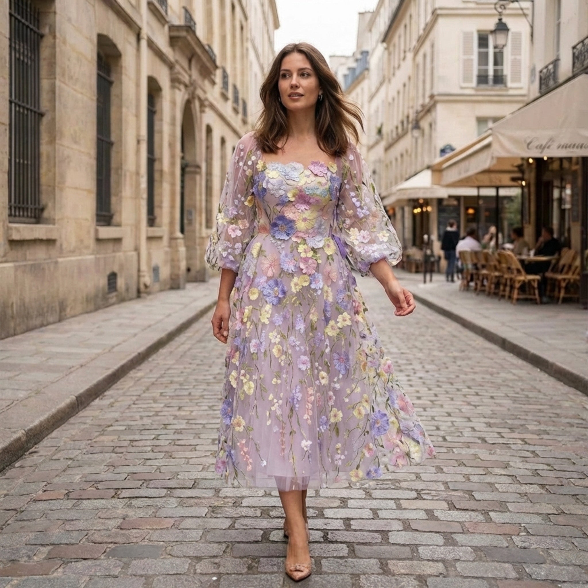 Women’s Square Neck Midi Dress – A Line Appliqué Tulle