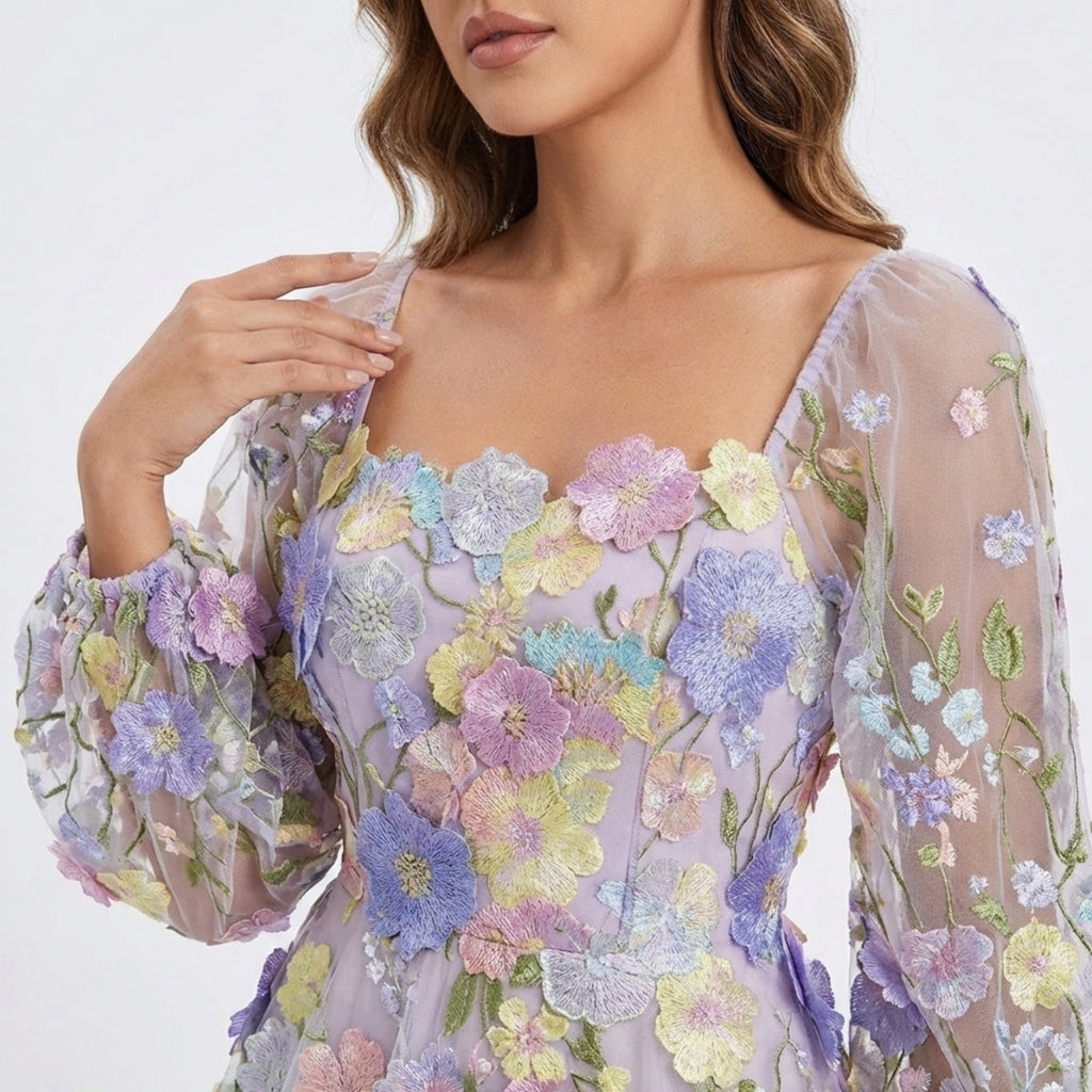 Women’s Square Neck Midi Dress – A Line Appliqué Tulle