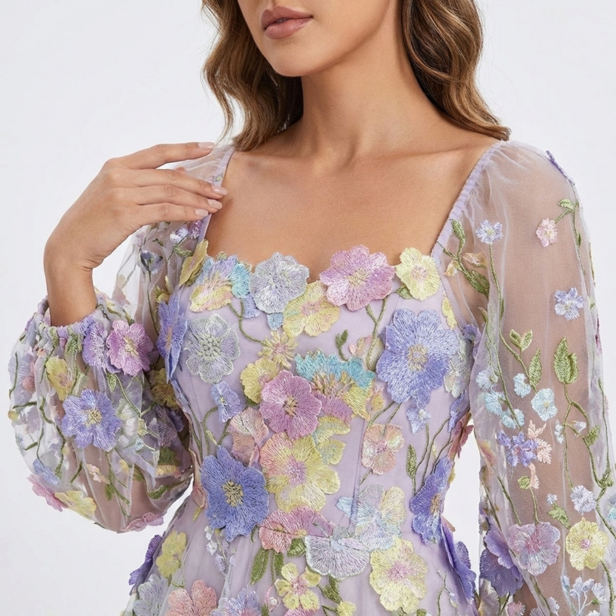 Women’s Square Neck Midi Dress – A Line Appliqué Tulle