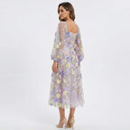 Women’s Square Neck Midi Dress – A Line Appliqué Tulle