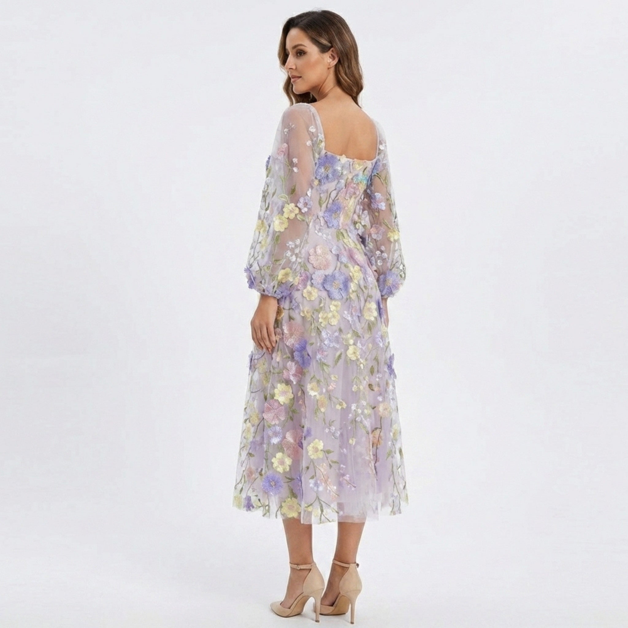 Women’s Square Neck Midi Dress – A Line Appliqué Tulle