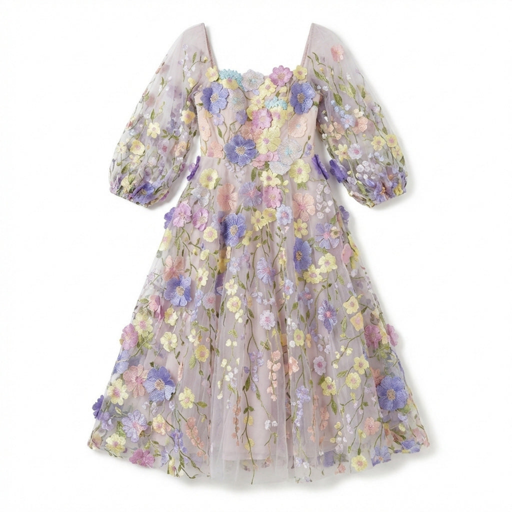 Women’s Square Neck Midi Dress – A Line Appliqué Tulle