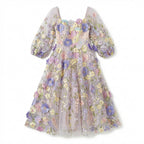 Women’s Square Neck Midi Dress – A Line Appliqué Tulle