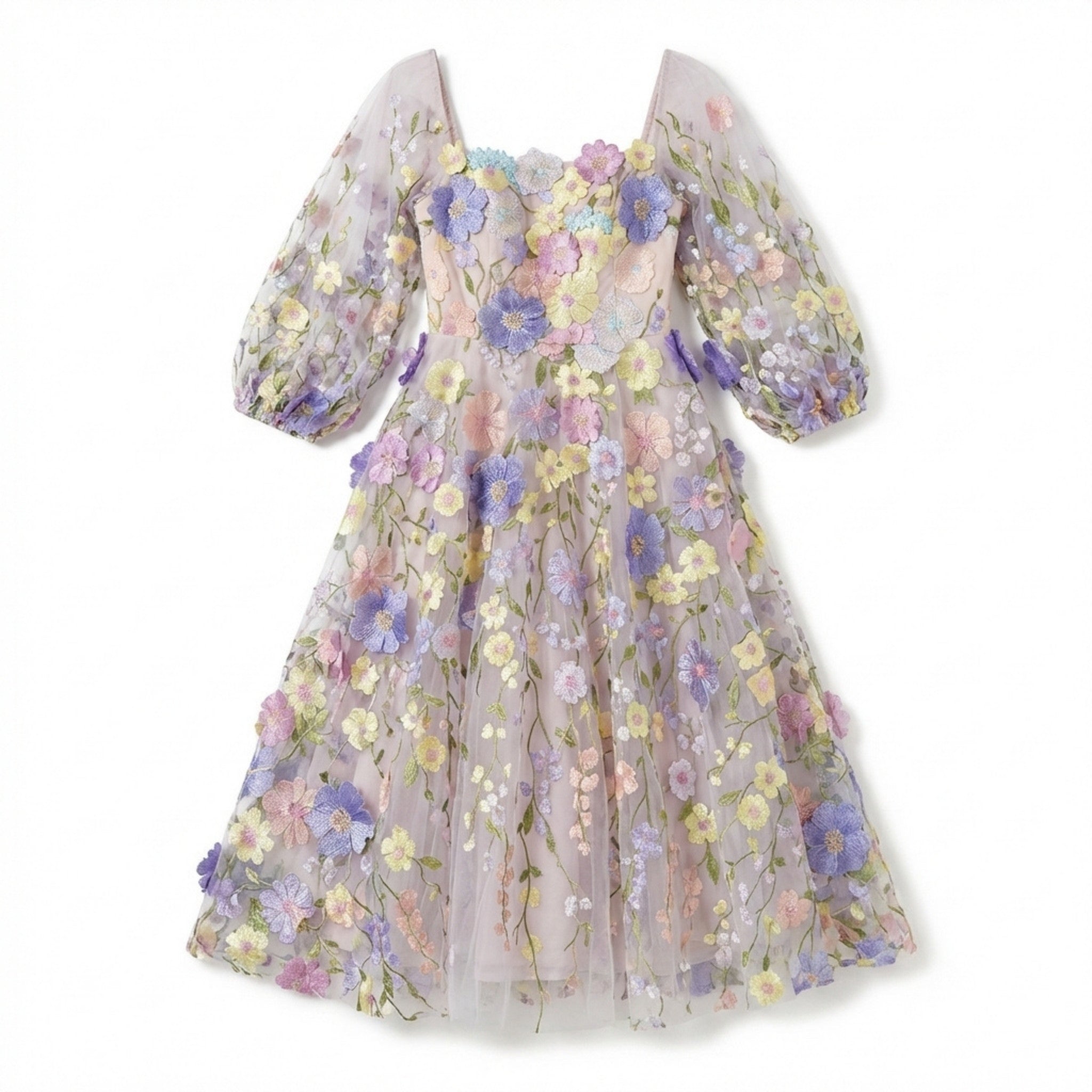 Women’s Square Neck Midi Dress – A Line Appliqué Tulle