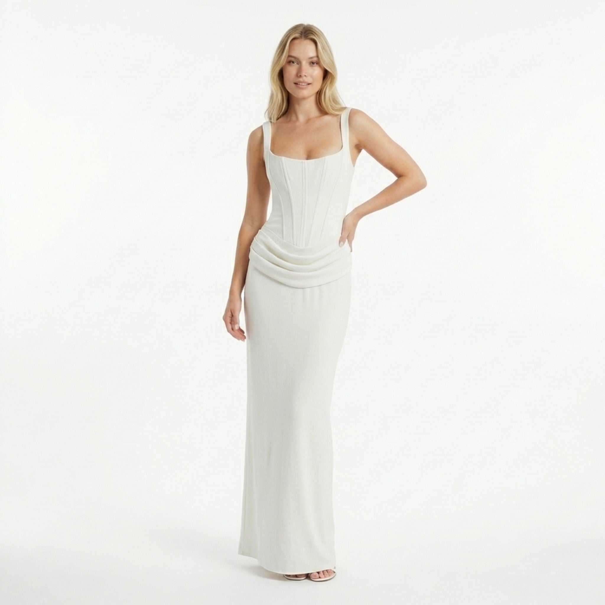 Women’s Bodycon Maxi Dress – Sleeveless Draped Waist