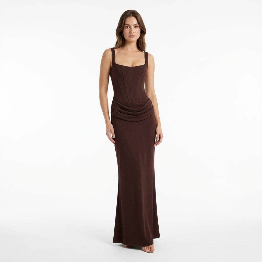 Women’s Bodycon Maxi Dress – Sleeveless Draped Waist